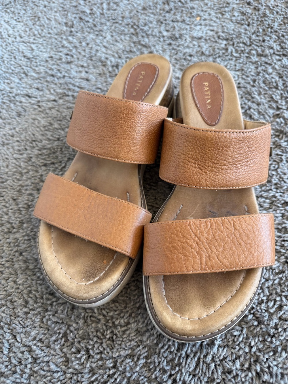 Patina Women’s Double Strap Tan Leather Slide Sandals